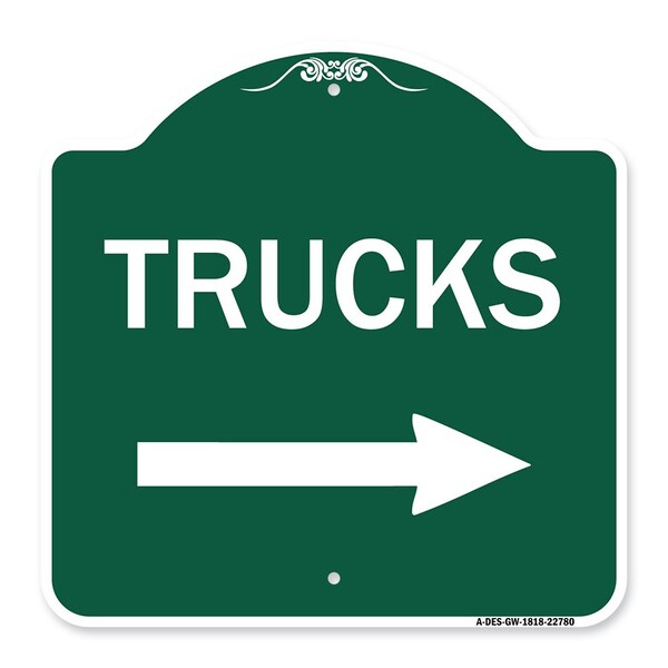 Trucks Sign Trucks W/ Right Arrow, Green & White Aluminum Sign, 18" x 18", GW-1818-22780